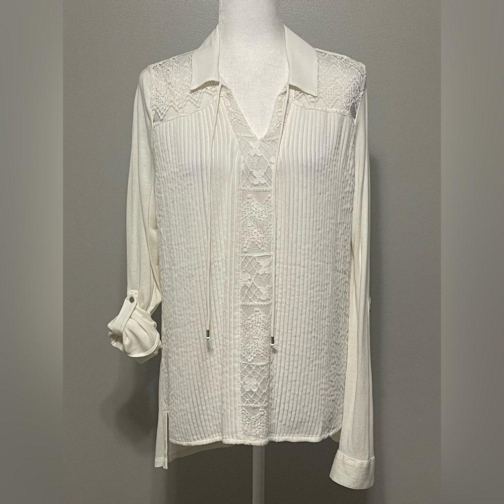 Vintage Lace Pleated Blouse Women Ivory Victorian Ruffle Sheer Roll Long Sleeve